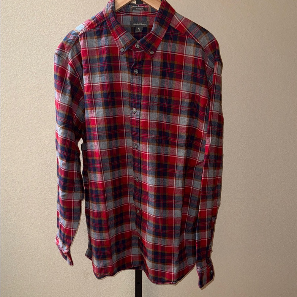 VTG Eddie Bauer Relaxed Fit Button Down Flannel Shirt Red Blue Plaid Men’s Sz XL